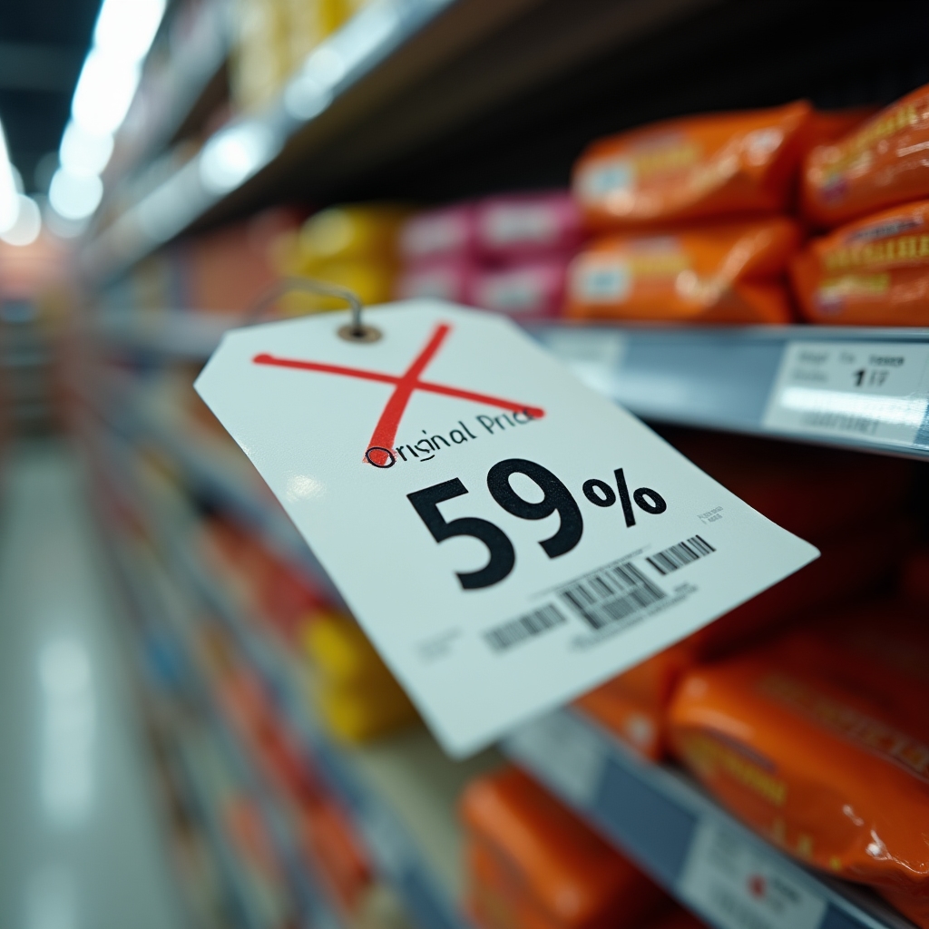 Primo piano di un cartellino prezzo con sconto percentuale barrato, effetto ancoraggio