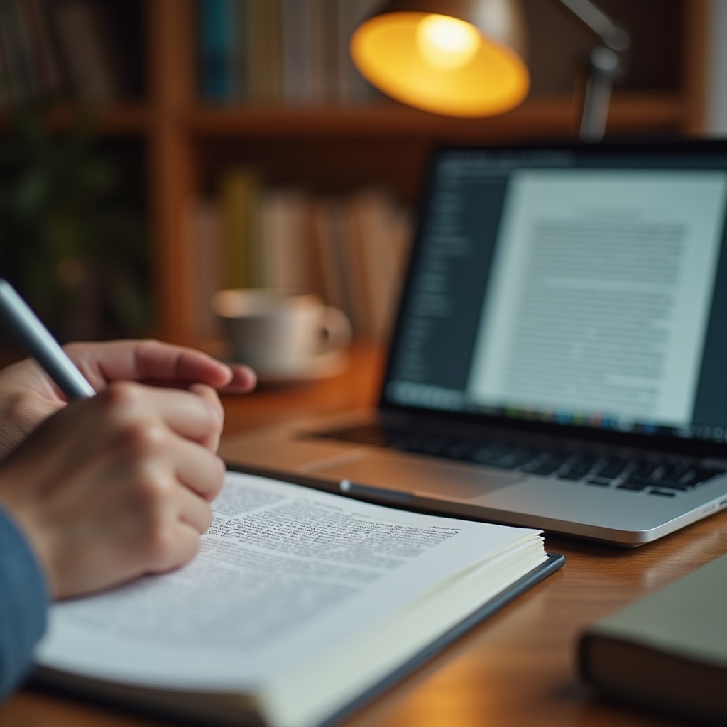 Persona che prende appunti a mano su un quaderno accanto a un laptop, durante la stesura di un articolo