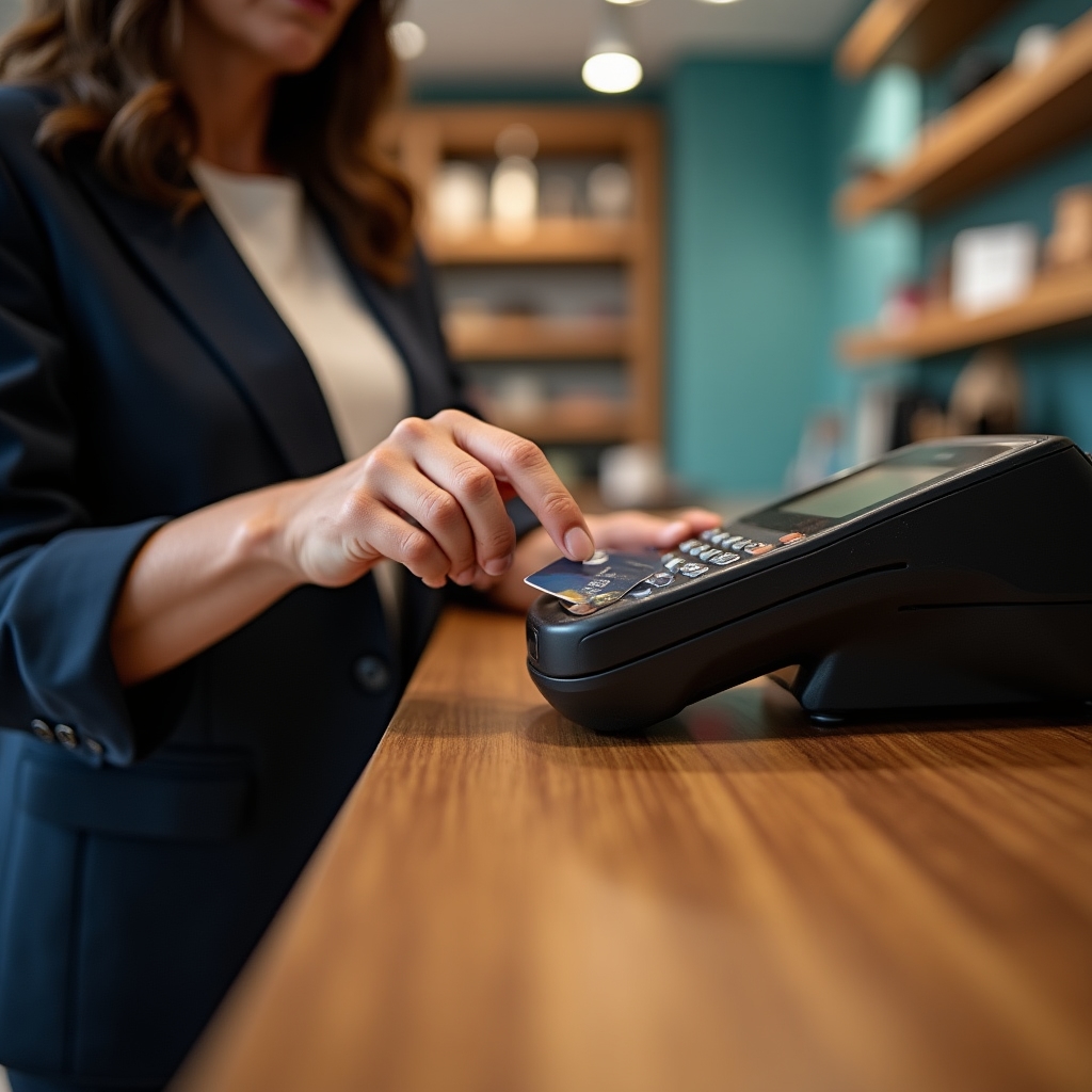 Mano che paga con carta contactless al bancone di un negozio italiano