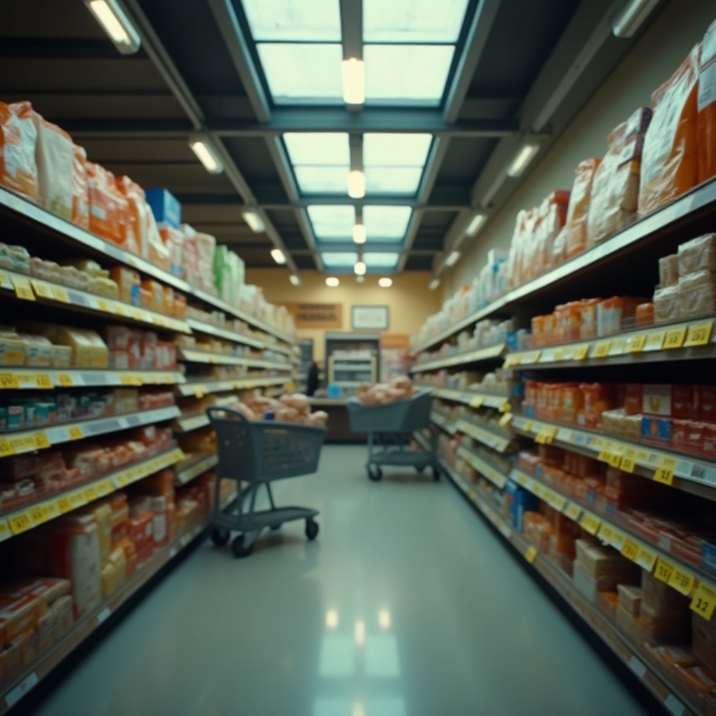 Corridoio di supermercato italiano con cartelli di offerta 3x2 sugli scaffali