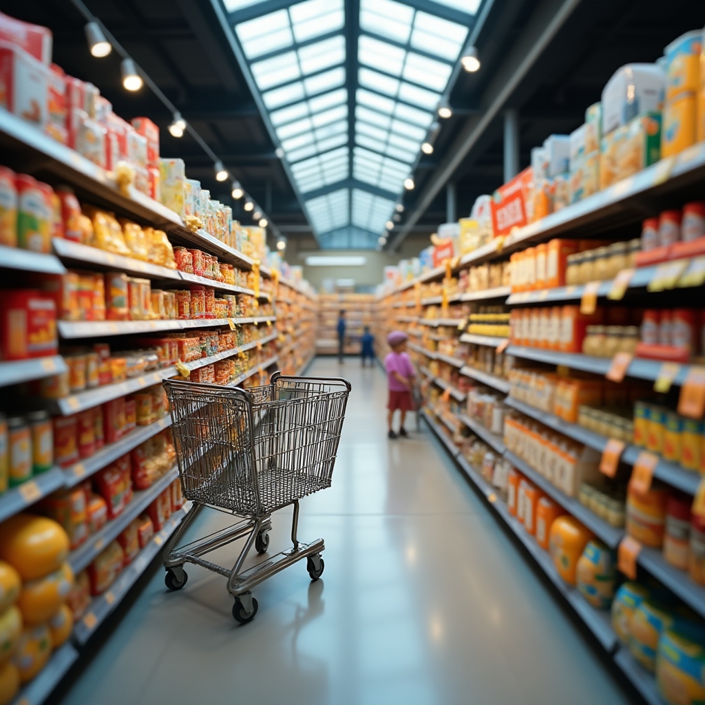 Corsia di un supermercato italiano con cartelli di sconto 3x2 su prodotti confezionati