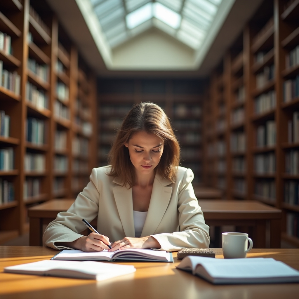Sala studio con scaffali di libri e postazione di lettura, ambiente calmo e ordinato