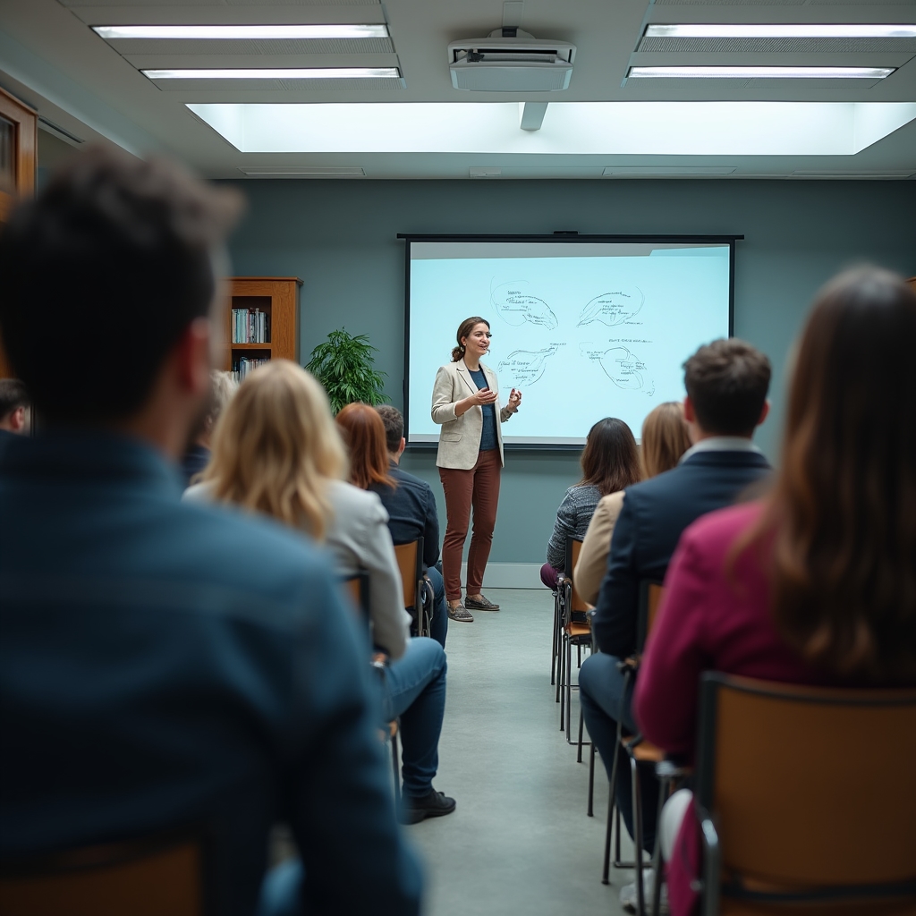 Aula di formazione con partecipanti seduti davanti a una lavagna durante una sessione su economia comportamentale